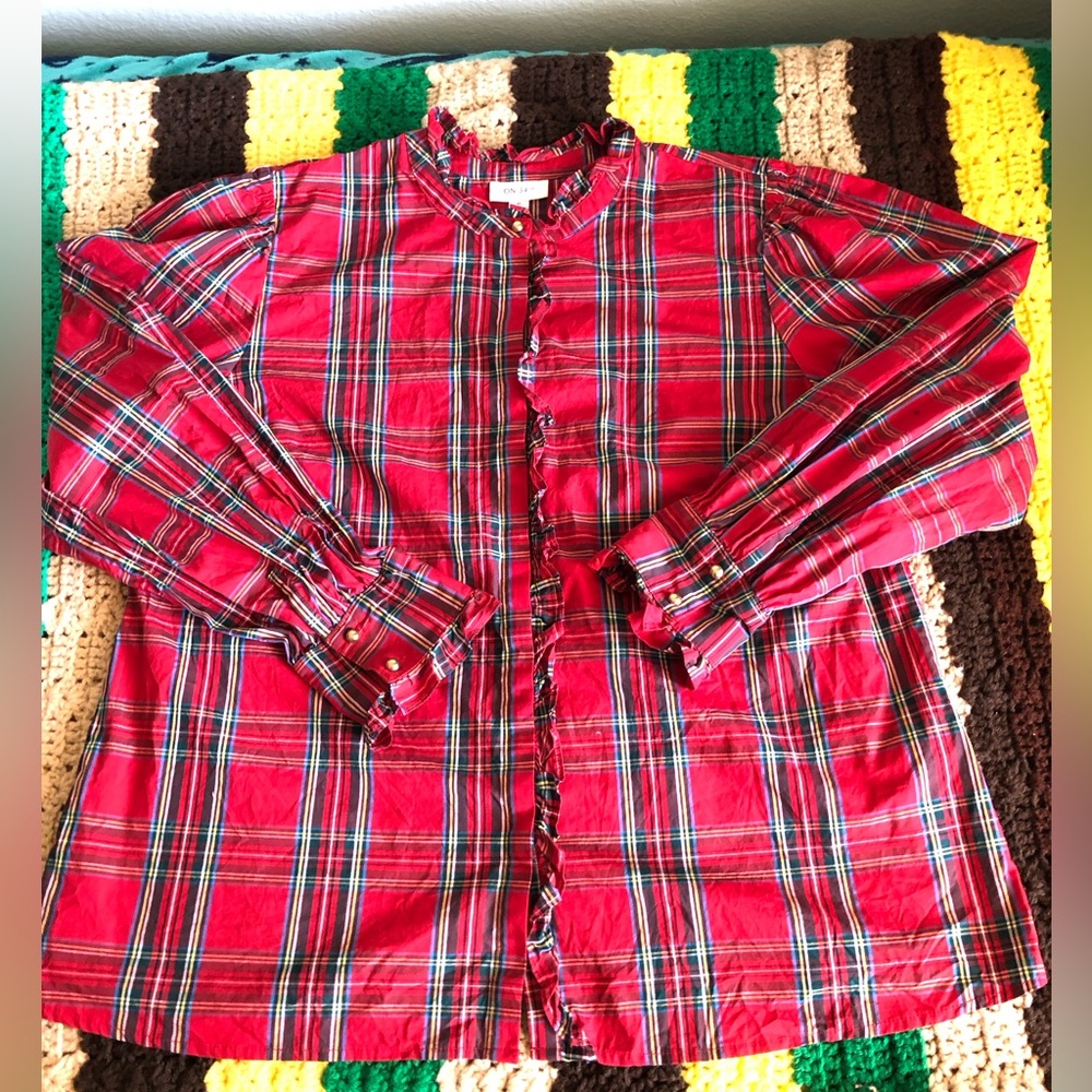 Macy's On 34th tartan long sleeve ruffled blouse XL